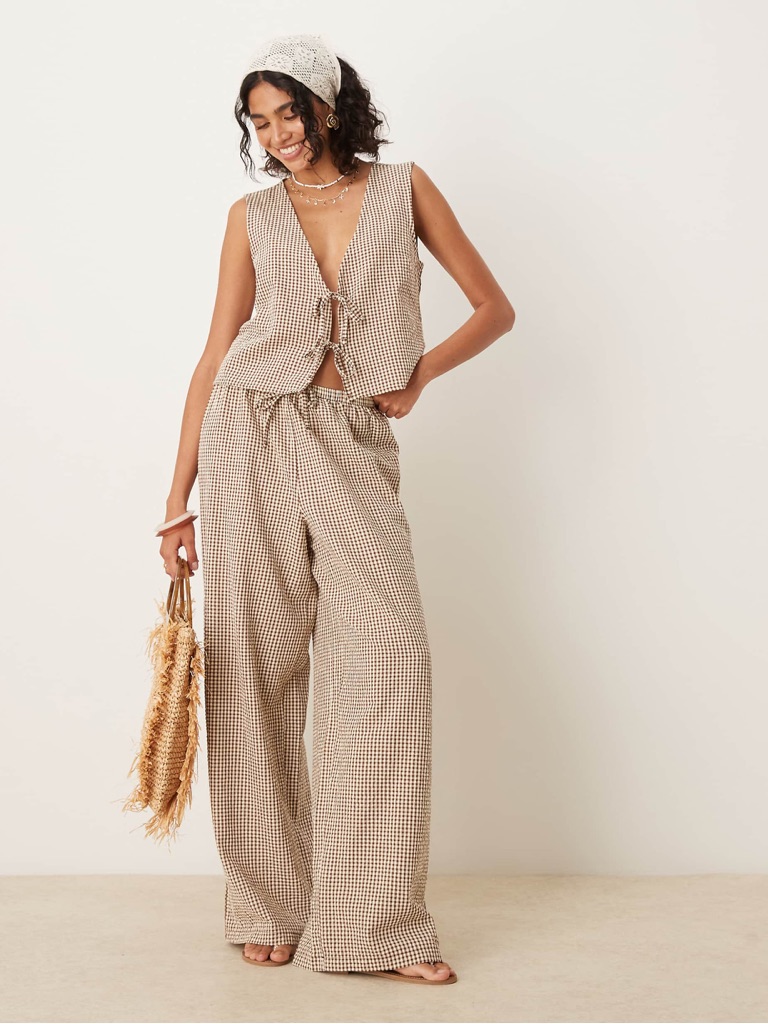 Asos Curve Beige & White Gingham Tie-Front Vest And Wide-Leg Pants Set